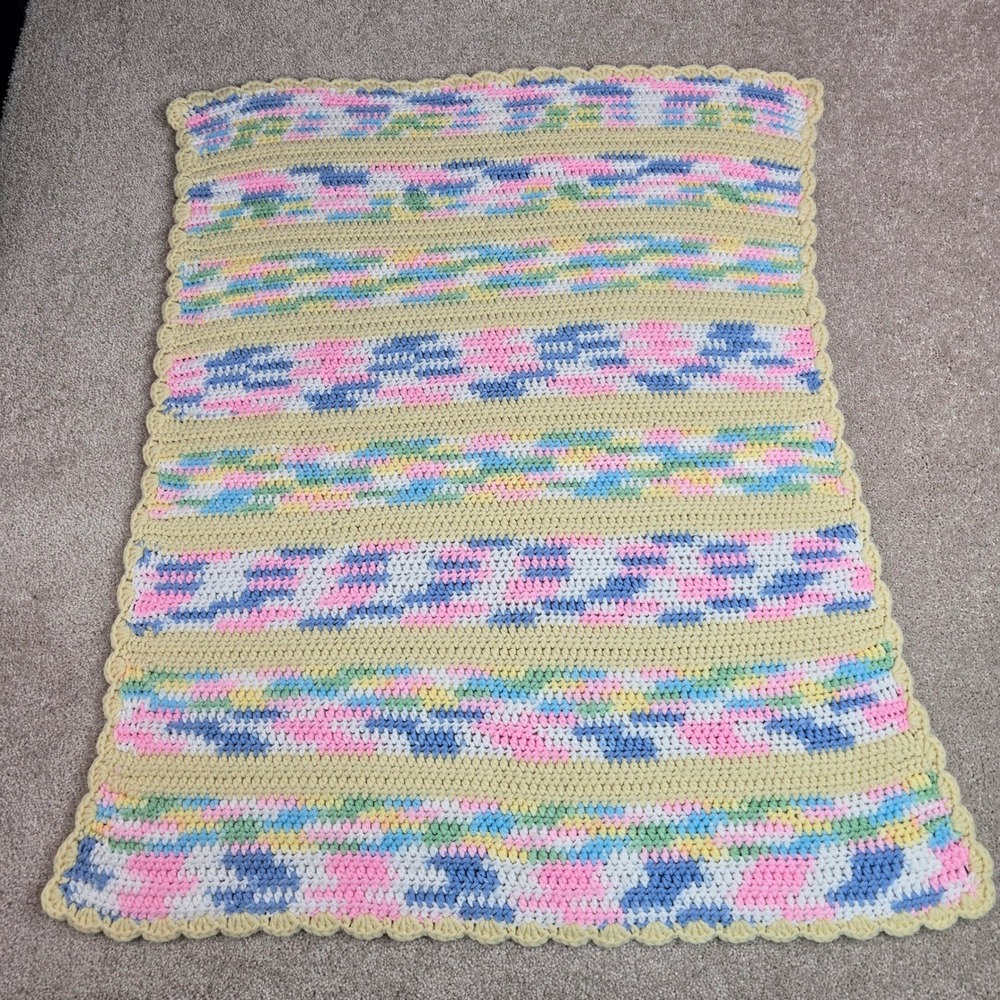 Handmade Crochet Baby Blanket Pastel Striped Scalloped Border Yellow Pink Blue